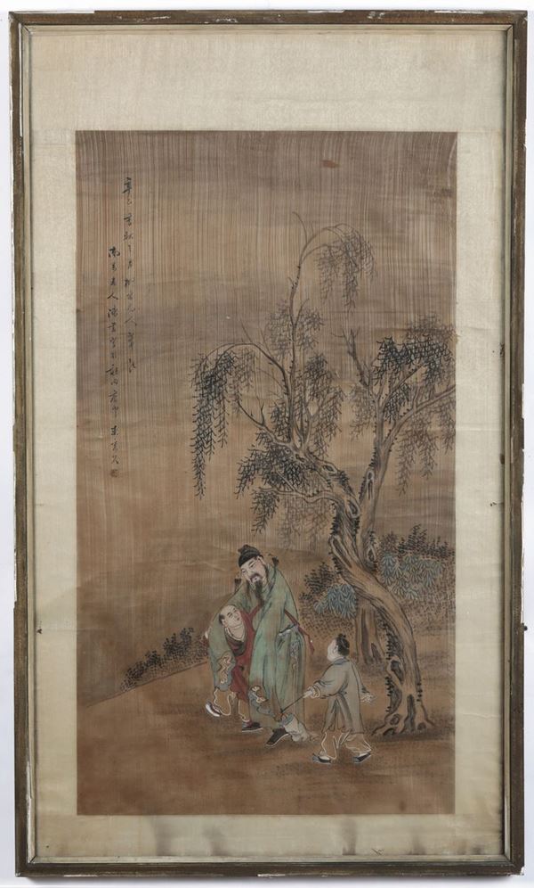 Due dipinti su seta raffiguranti saggio con fanciulli e personaggi con cavalli, Cina, Dinastia Qing,  [..]