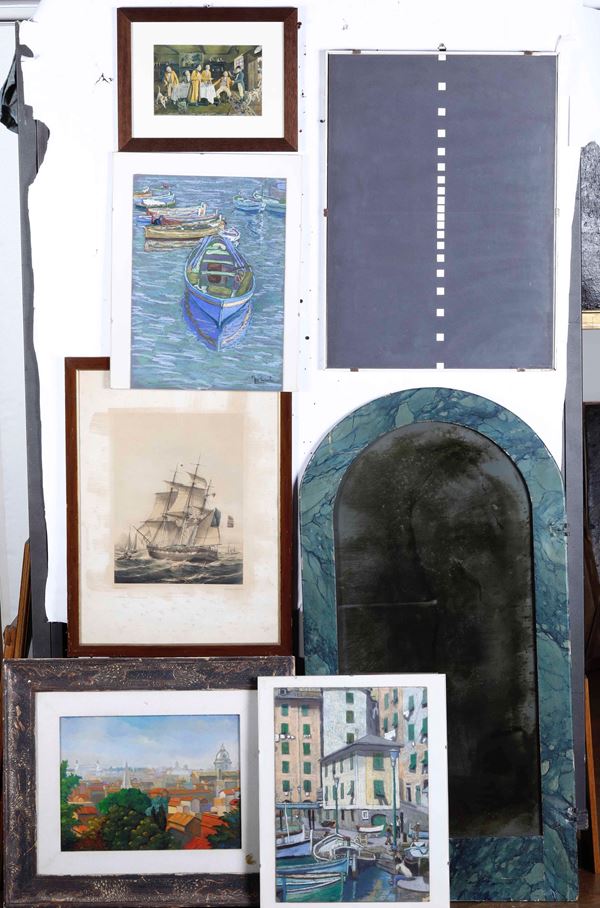 Lotto di stampe, una specchiera marmorizzata e un paesaggio Aldo di Castro olio su tela