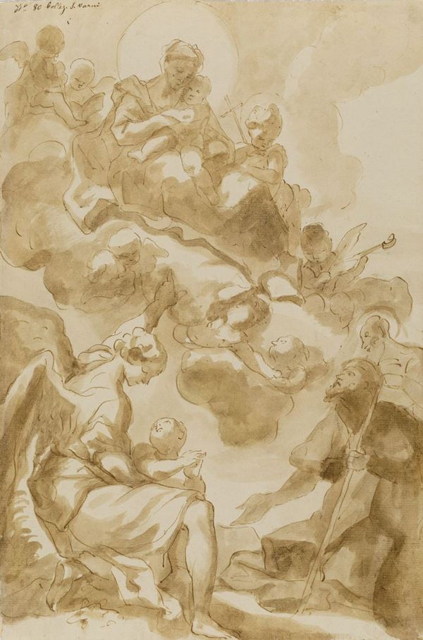 Scuola genovese del XVII secolo Vergine con il Bambino, San Giovannino, due santi e angeli