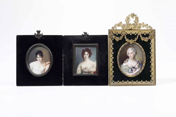 Tre miniature raffiguranti fanciulle, XVIII-XIX secolo