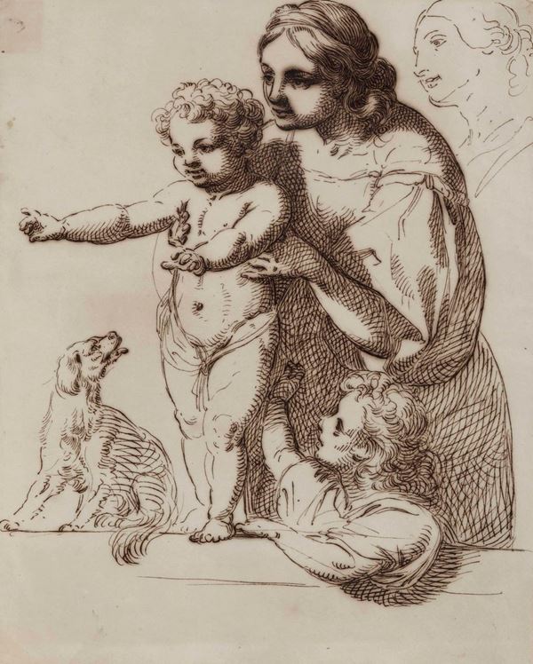 Giuseppe Sabatelli (Firenze 1813-1843) Figura femminile con bambini e cagnolino