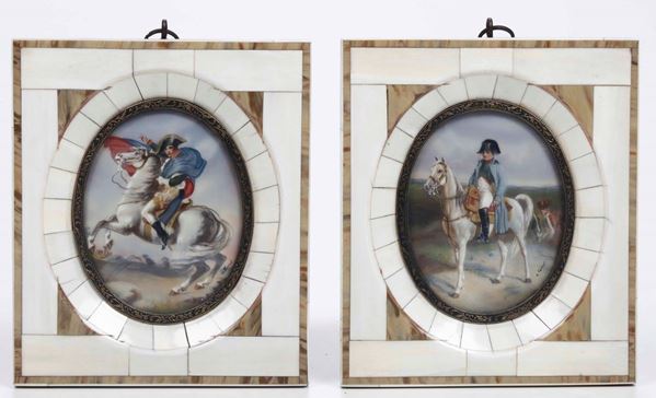 Coppia di miniature. Napoleone a cavallo. In cornice