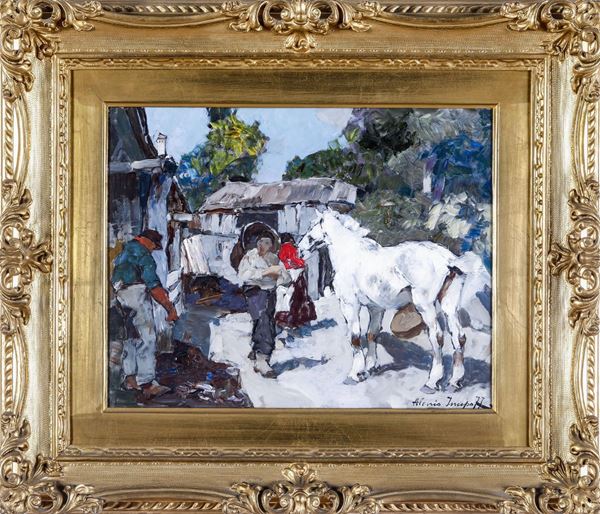 Alessio Issupoff (Vjatka 1889 - Roma 1957) Scorcio di cortile con cavallo