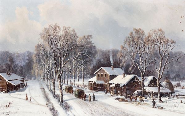 Vassily Ekgorst (1831-1901) Scena invernale di vita campestre russa con un villaggio di Izbe