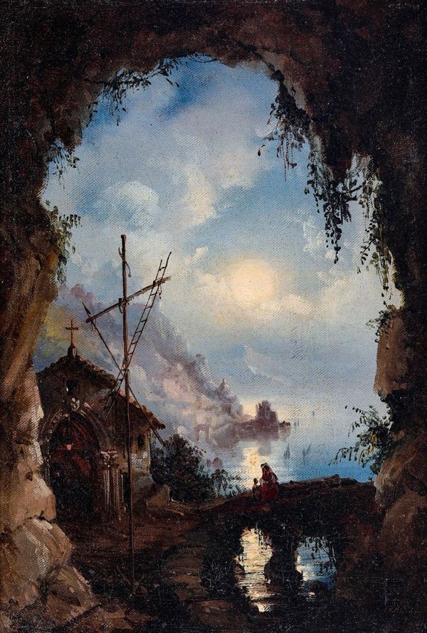 Artista Russo attivo in Italia nella prima metà XIX secolo Scena notturna con plenilunio