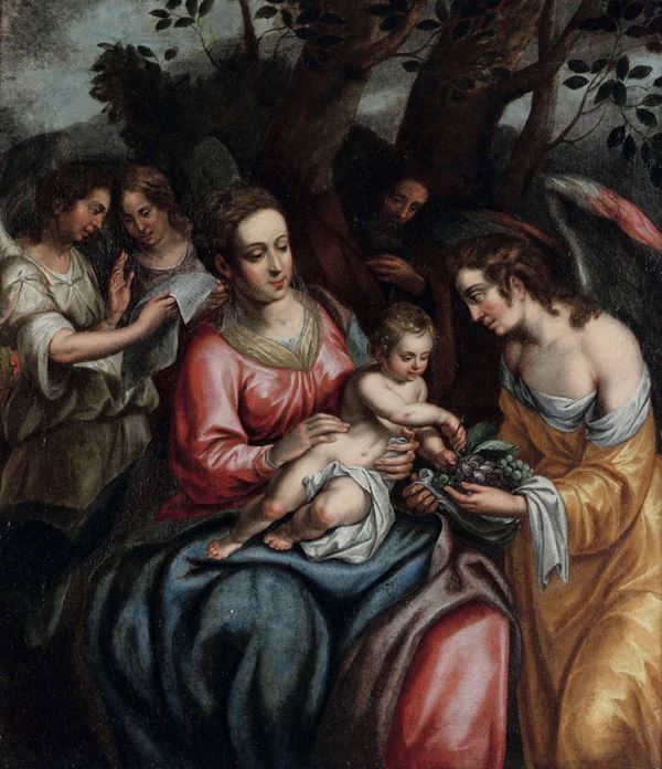 Scuola italiana della fine del XVI secolo Sacra Famiglia con angeli