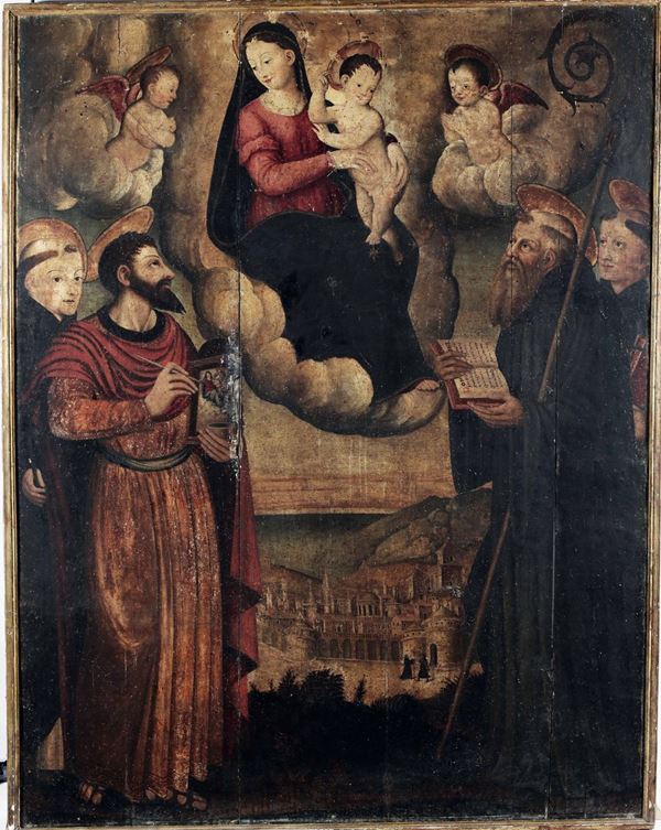 Scuola dell'Italia centrale del XVI secolo Madonna con Bambino, San Luca e altri santi