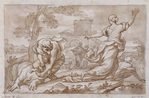Domenico Piola (Genova 1627-1703) Uomo che lotta con il leone