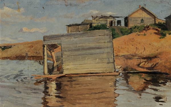 Aleksandr Alexandrovich Svedomsky (1848-1911) Case sulla riva dello stagno a Michajlovskij Zavod