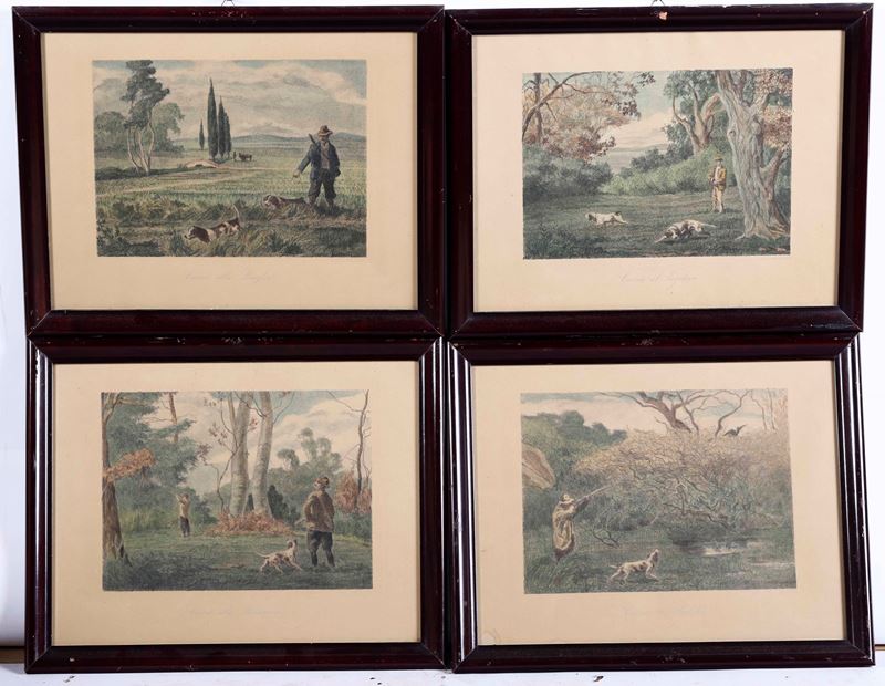 Serie di quattro incisioni colorate a soggetti venatori. XIX secolo  - Asta Antiquariato  [..]