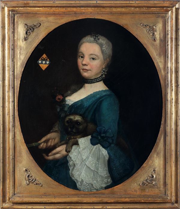 Alexander Roslin (Malmö 1718 - Parigi 1793) Ritratto di nobildonna con cagnolino e stemma