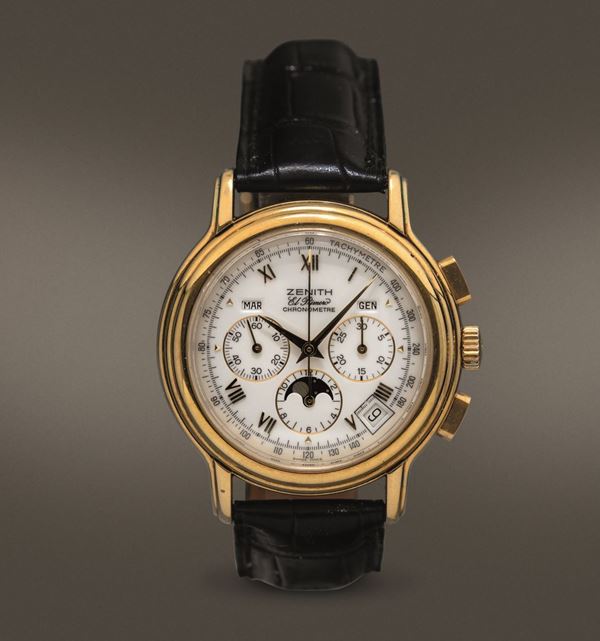 ZENITH - Chronomaster automatico in oro 18k, cronografo con calendario completo e fasi lunari, fondello a vista. Accompagnato da scatola e garanzia NOS