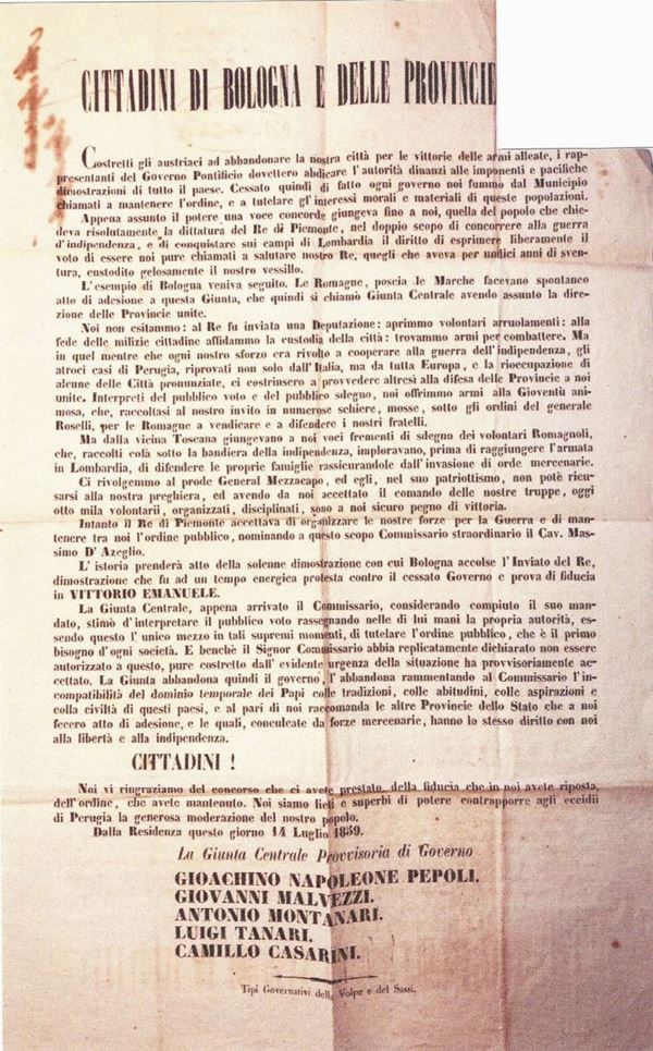 Manifesto (cm. 40x57) pubblicato 15 luglio 1859 nelle Romagne