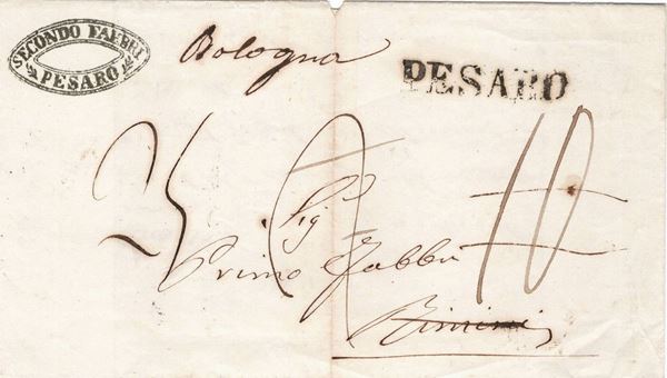 Lettera da Pesaro per Rimini con tassa a carico del destinatario, del 6 novembre 1859