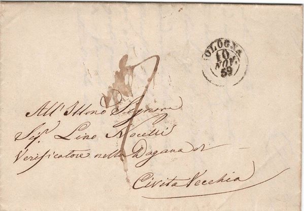 Lettera da Bologna per Civitavecchia con tassa a carico del destinatario del 10 novembre 1859