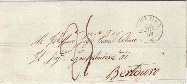 Lettera da Perugia per Bertinoro con tassa a carico del destinatario, del 26 dicembre 1859