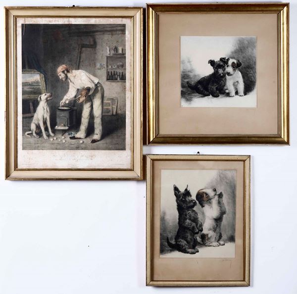 Lotto di tre incisioni raffiguranti cani, XX secolo