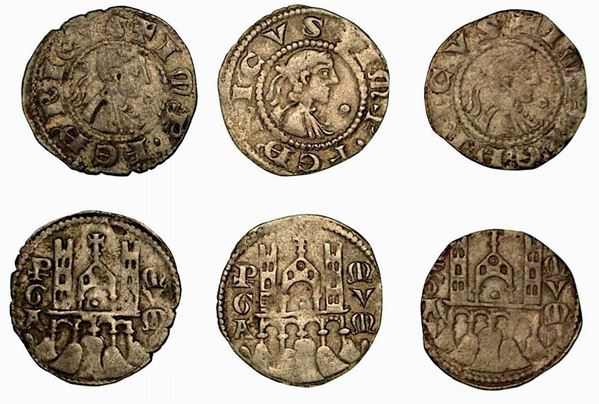 BERGAMO. Comune, a nome di Federico II (1194-1250). Lotto di tre esemplari. Denaro planeto, anni 1282-1290.