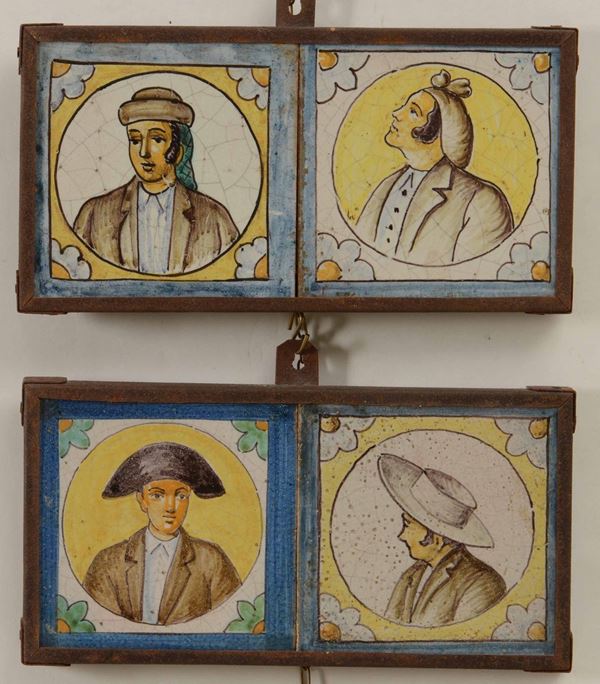 Quattro piastrelle raffiguranti ritratti a mezzo busto Probabilmente Campania, XIX secolo