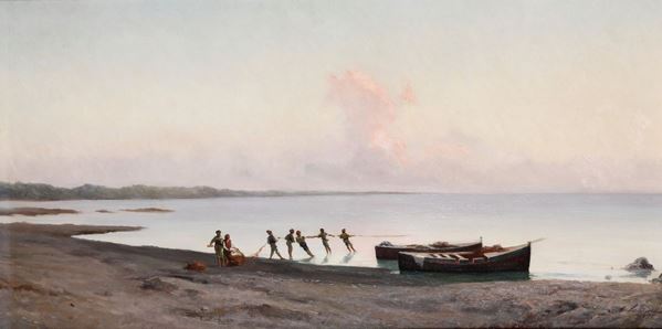 Achille Vertunni - Marina con pescatori - Paesaggio costiero con figure e ruderi