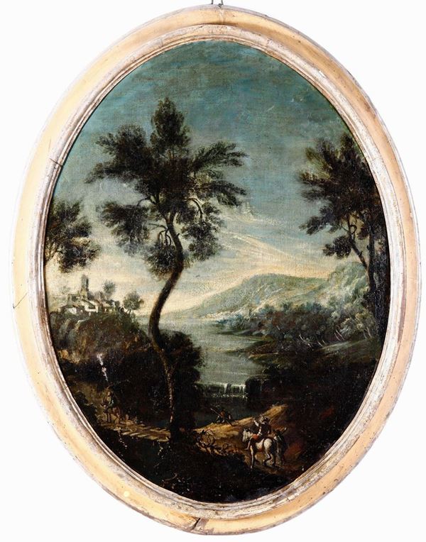 Salvator Rosa (Napoli 1615 - Roma 1673), nei modi di Paesaggi con fiumi e cavalieri