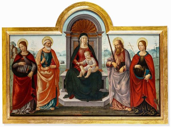 Davide Ghirlandaio (Firenze 1452-1525), attribuito a Madonna in trono e quattro santi (San Pietro, San  [..]