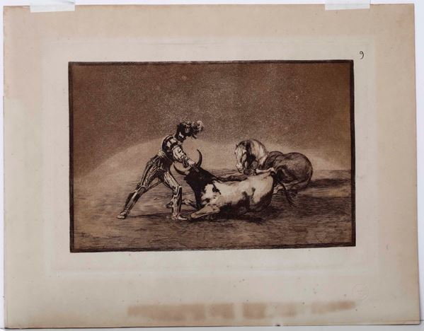 Francisco Goya - Francisco Goya (Fuendetodos 1746 - Bordeaux 1828) Un caballero espanol mata un toro despues de haber perdido el caballo