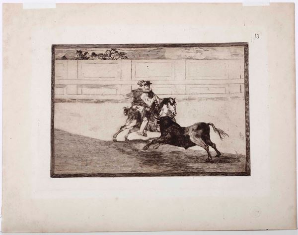 Francisco Goya - Goya Francisco  (Fuendetodos, 1746 – Bordeaux, 1828) Un caballero espanol en plaza quebrando rejoncillos sin auxilio de los chulos