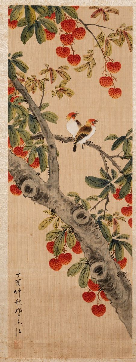 Due dipinti su seta raffiguranti soggetti naturalistici con uccellini tra i rami e iscrizioni, Cina,  [..]