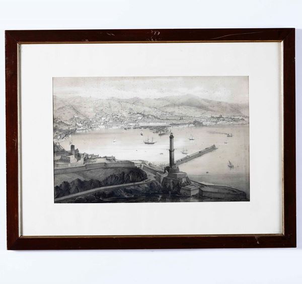 Stampa raffigurante il Porto di Genova con Lanterna. XIX secolo