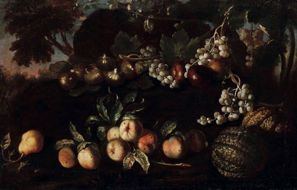 Scuola romana del XVII secolo Nature morte con frutti e ortaggi
