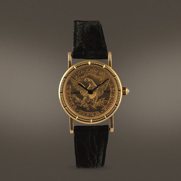 CORUM - "Five Dollar" orologio da donna al quarzo in oro 18k, quadrante ralizzato con moneta d'oro "Cinque Dollari Liberty". Scatola e garanzia
