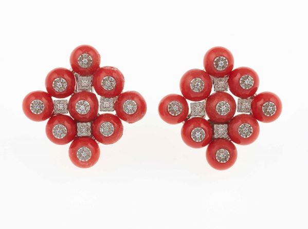 Pair of coral and diamond earrings. Signed Sabbadini