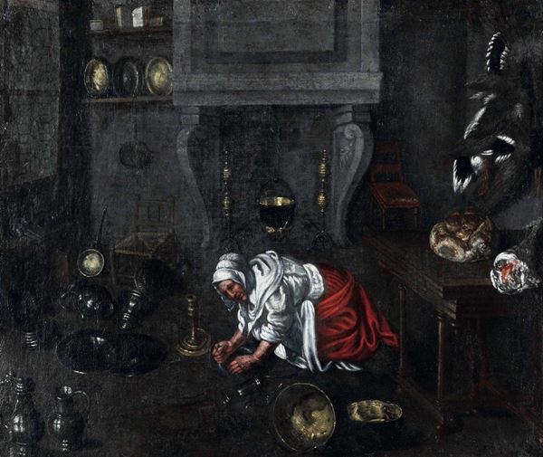 Scuola fiamminga del XVII secolo Interno di cucina