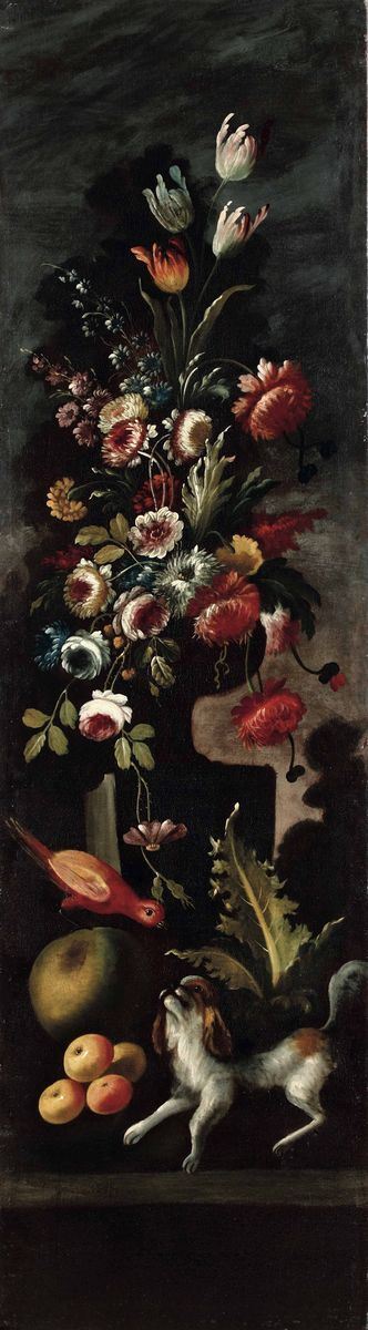 Scuola napoletana del XVIII secolo Nature morte con fiori, frutti, pappagallino e cagnolino