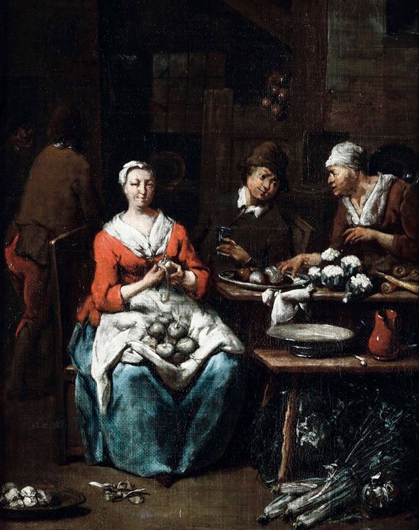 Jan Baptist Lambrechts (Anversa 1680-1731) Interno di locanda con donna che sbuccia le mele