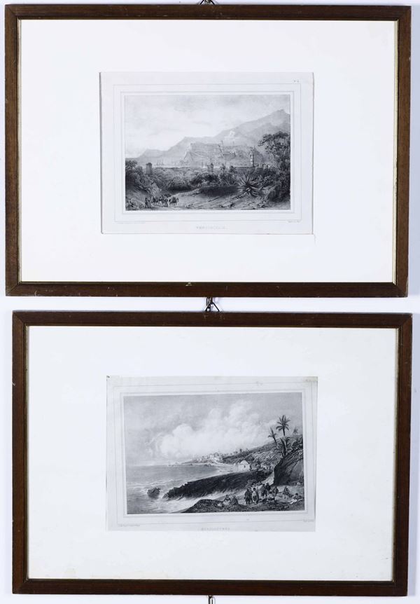 Due stampe raffiguranti vedute di Ventimiglia e Bordighera tratte da Chapuy