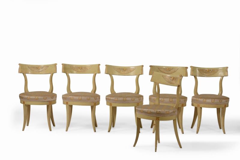 Sei sedie in legno laccato e dorato con rivestimento in seta. Italia centrale, XIX secolo  - Auction Antiques | Timed Auction - Cambi Casa d'Aste