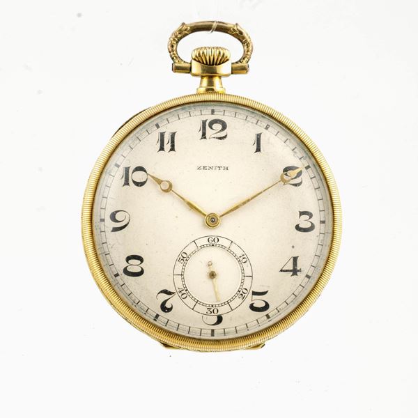 ZENITH - Orologio da tasca in oro 18k con contro cassa in metallo dorato, secondi in basso circa 1900. Necessita revisione, non funzionante