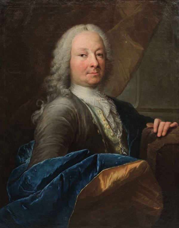 Scuola francese del XVIII secolo Ritratto di gentiluomo con drappo blu