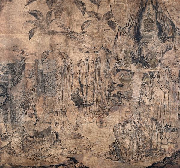 Grande dipinto su carta raffigurante saggi entro paesaggio, Cina, Dinastia Ming, XVII secolo