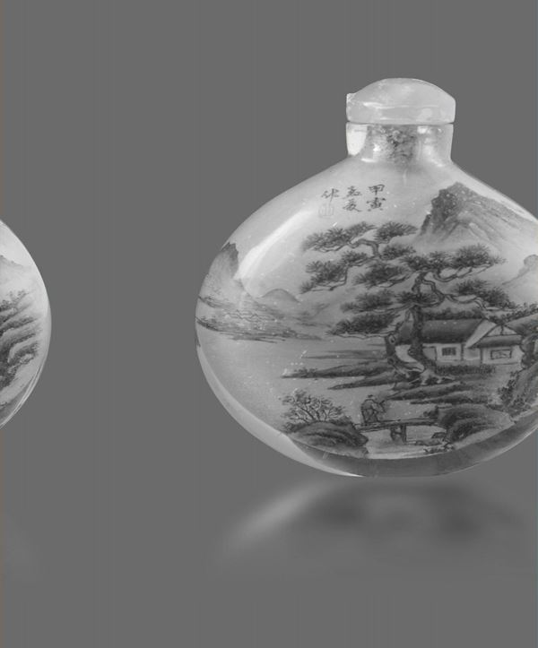 Snuff bottle in vetro finemente dipinto raffigurante paesaggio e iscrizione, Cina, Dinastia Qing, XIX secolo