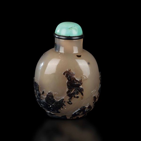 Snuff bottle in agata muschiata con scena di vita comune a rilievo, Cina, Dinastia Qing, XIX secolo