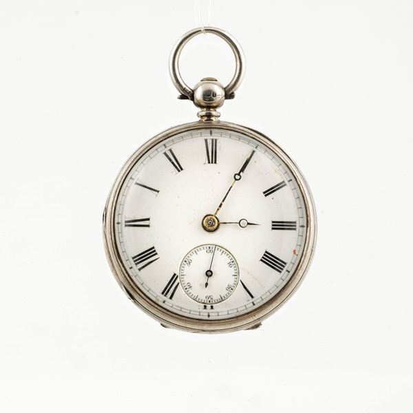 Orologio da tasca in argento per il mercato inglese con scappamento ad ancora e quadrante in smalto bianco