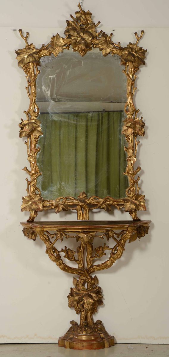 Console con specchiera in legno intagliato e dorato, XIX secolo
