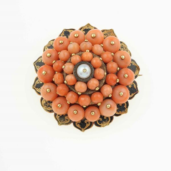 Coral, enamel and gold brooch