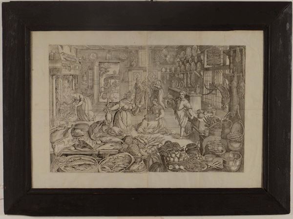 Incisione raffigurante interno di cucina. XVIII secolo