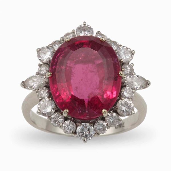 Rubellite and diamond cluster ring