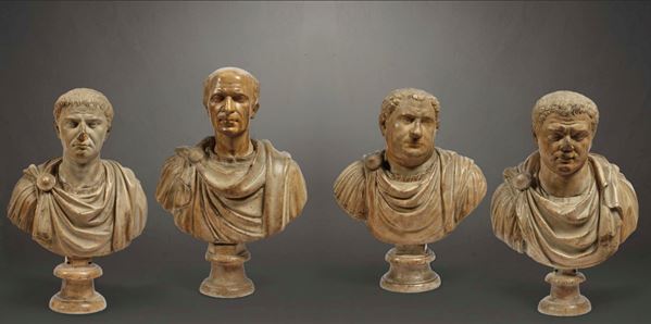 Busti degli Imperatori , Traiano (53-117 d.C.), Cesare (100-44 a.C.) Vitellio (15-69 d.C.) Tito (9-79 d.C.) Marmo Arte tardo-rinascimentale  Roma, seconda metà del XVI secolo