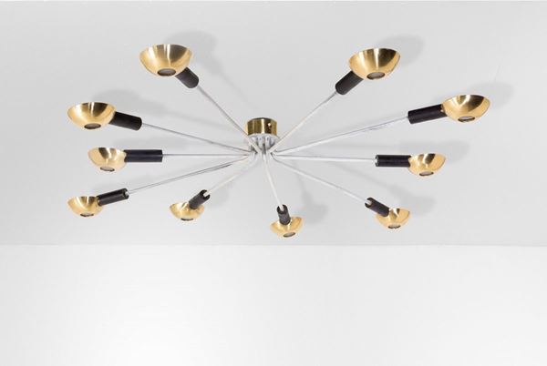Stilnovo - Lampada a plafone con struttura in metallo laccato e diffusori in ottone e vetro.